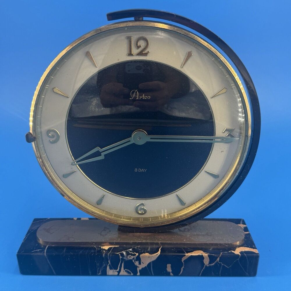 Vintage ARTCO Art Deco Swiveling Wind Up Desk Clock Marble Base Parts Restore